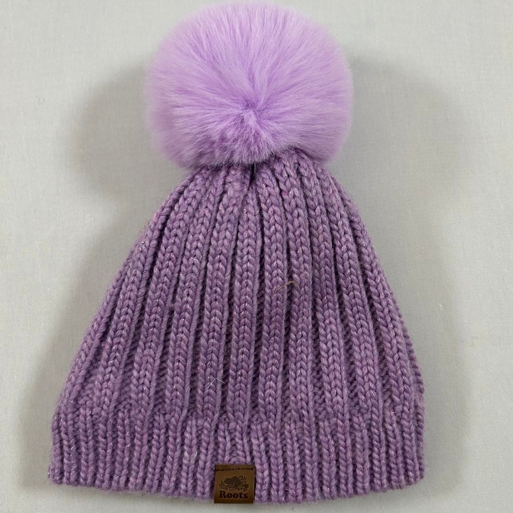 Roots Beanie‎ Kids Girls One Size Purple Sparkle Ribbed Knit Faux Fur Pom Toque